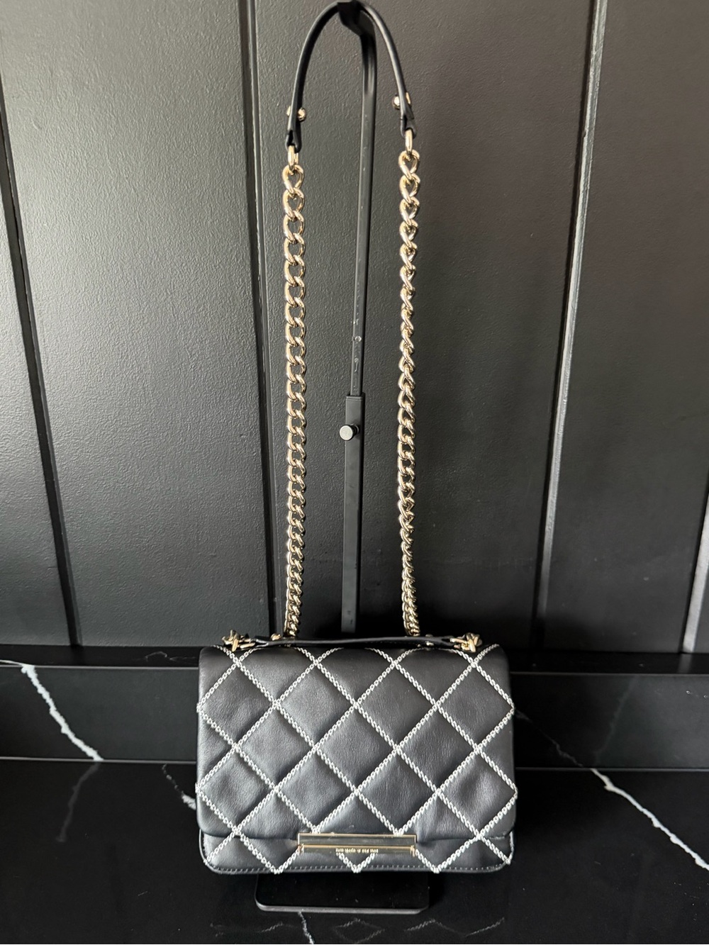 Kate Spade Quilted Chain Strap Crossbody Black White Stitch - Picture 2 of 12